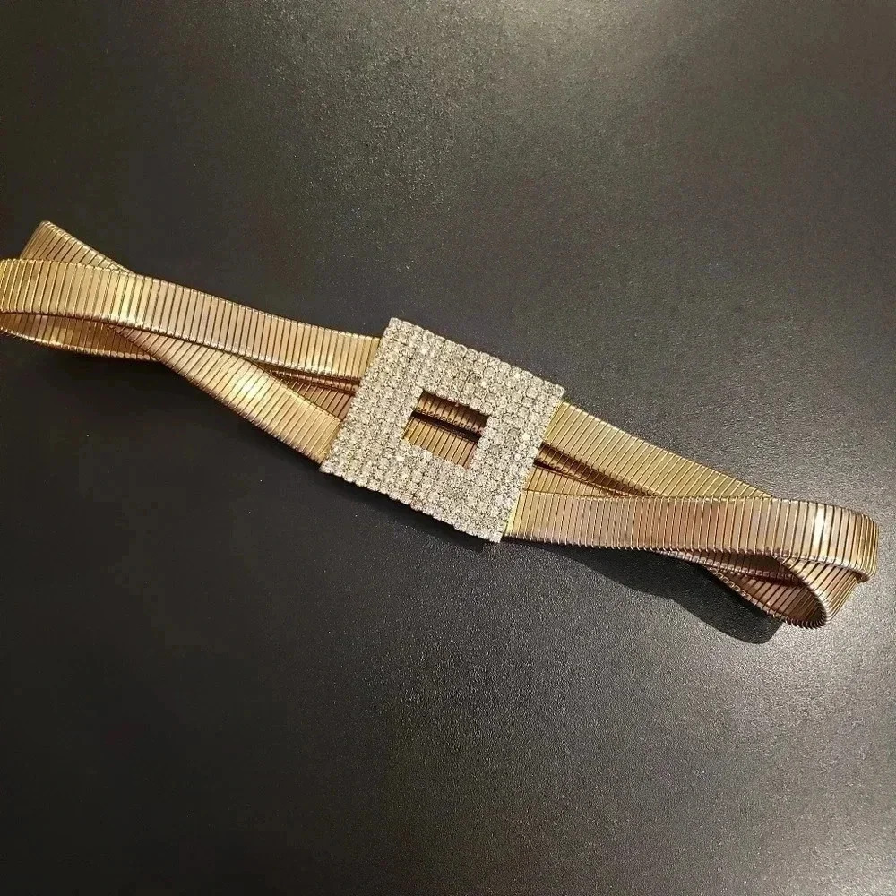 Vintage Criss Cross Gold Slinky Belt w/Rhinestone Buckle